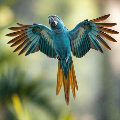 The primary subject of the image is a blue parrot with a yellow tail, flying through the air. The setting is a forest, with trees visible in the background. The visual style is a photo, capturing the bird in its natural habitat. The dominant colors are blue and yellow, creating a vibrant and lively atmosphere.